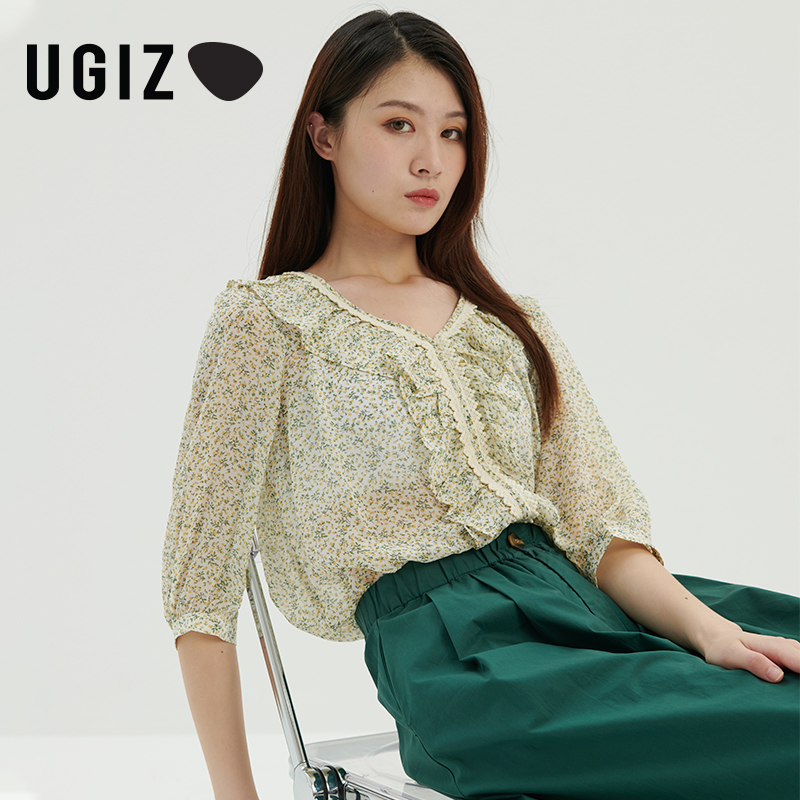 UGIZ商场同款2022夏季新品韩版女装v领小碎花雪纺衬衫女UBSF922
