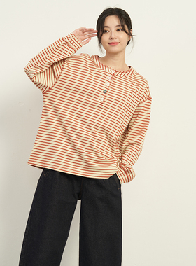 UGIZ2024年秋季新品韩版条纹彩色扣长袖休闲百搭宽松T恤女UCTH849