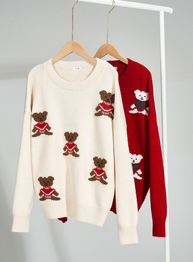 UGIZ商场同款2024春季新品韩版女装圆领卡通小熊毛衣女UAWH802