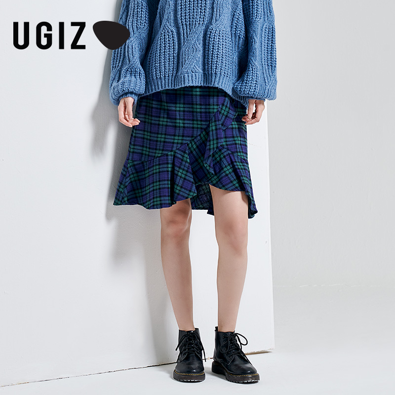 UGIZ韩版复古格子不对称半身裙