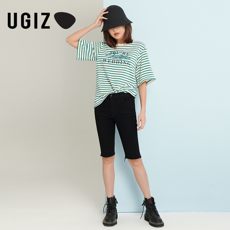 UGIZ夏季新品韩版女装休闲时尚修身磨边五分牛仔裤女UBQE915