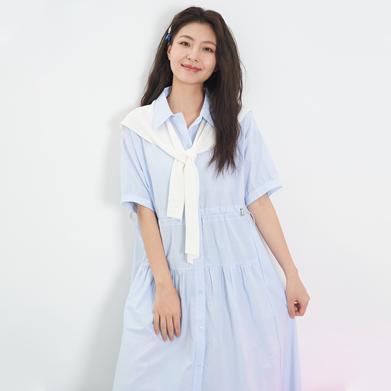韩版宽松条纹衬衫领连衣裙