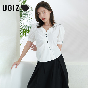 女装 韩版 V领斜襟白色薄款 短袖 女UTBSE329 UGIZ夏季 衬衫 新品