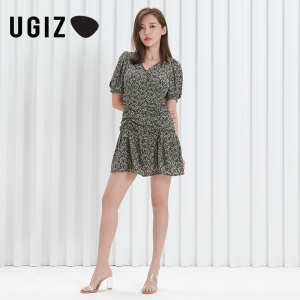 UGIZ夏季新品韩版女装时尚性感v领抽绳碎花连衣裙女UBOE806