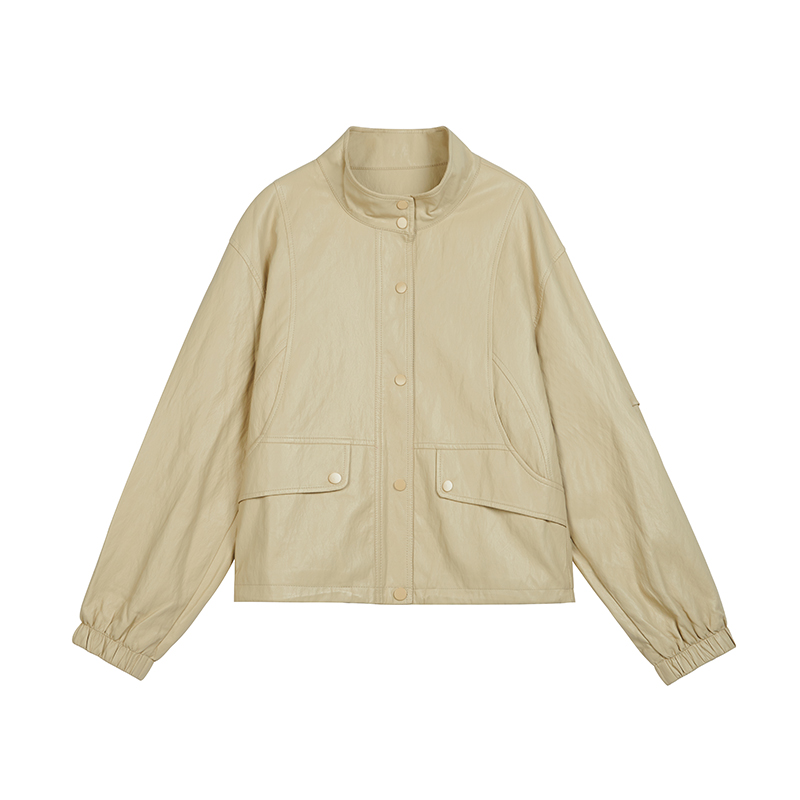 韩版小立领仿皮短夹克外套