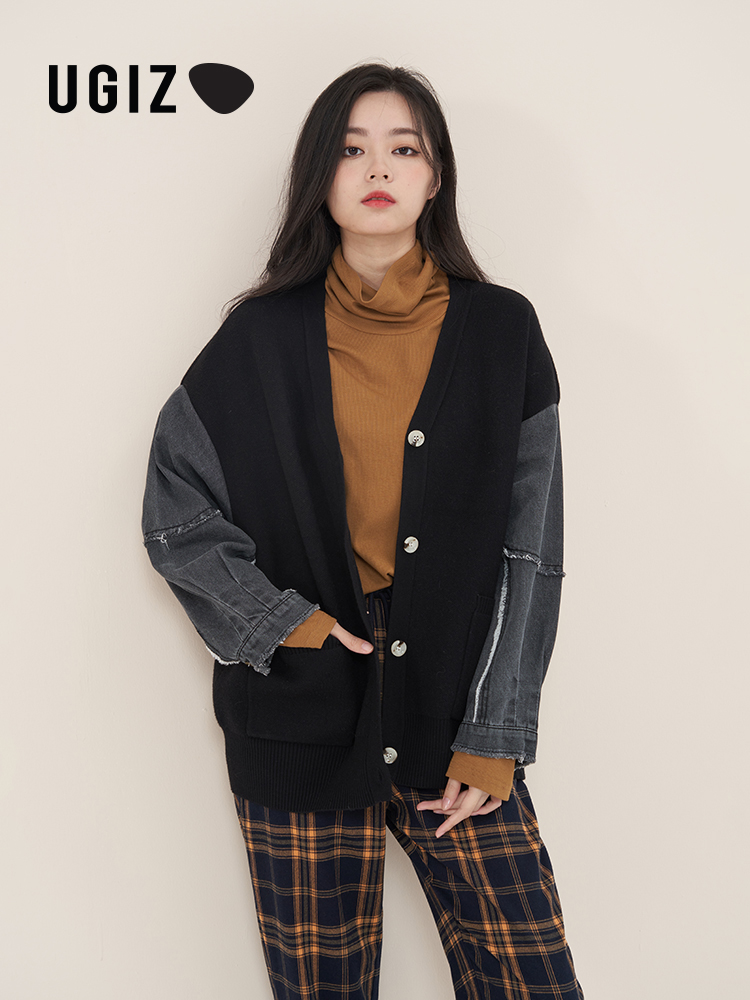 UGIZ商场同款2022冬季韩版女装时尚牛仔拼接毛织开衫女UDDF909