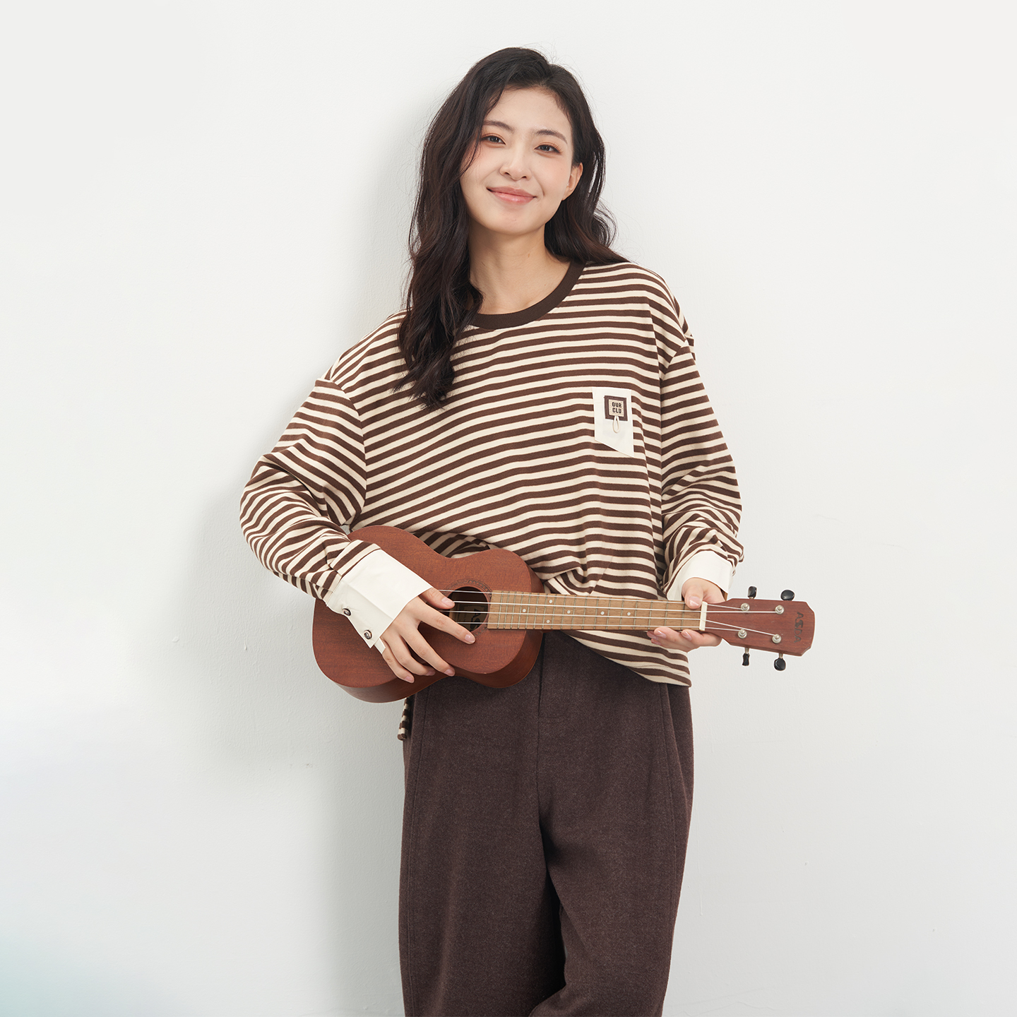 韩版圆领条纹拼接长袖T恤