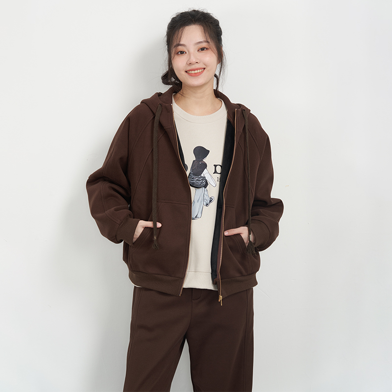 UGIZ韩版纯色连帽拉链休闲卫衣