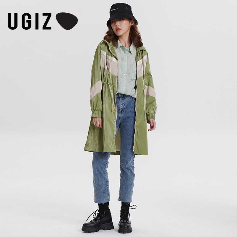 UGIZ春季新品韩版女装中长款修身收腰连帽风衣外套女UAFE121-封面