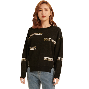 UGIZ2021冬季新品韩版女装宽松下摆开叉字母毛衣针织衫女UDWE505