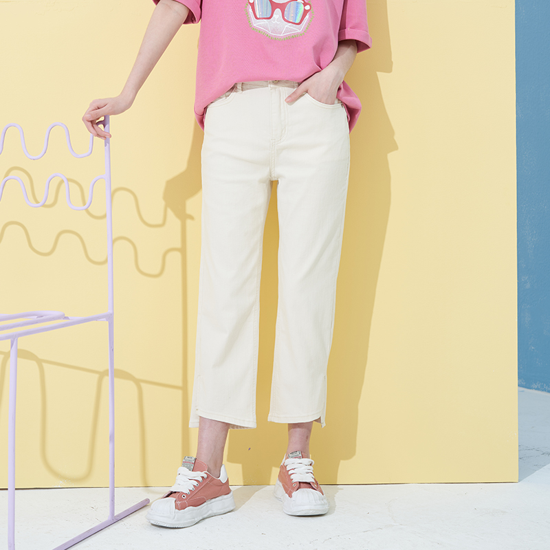 UGIZ韩版小直筒脚口开叉牛仔裤