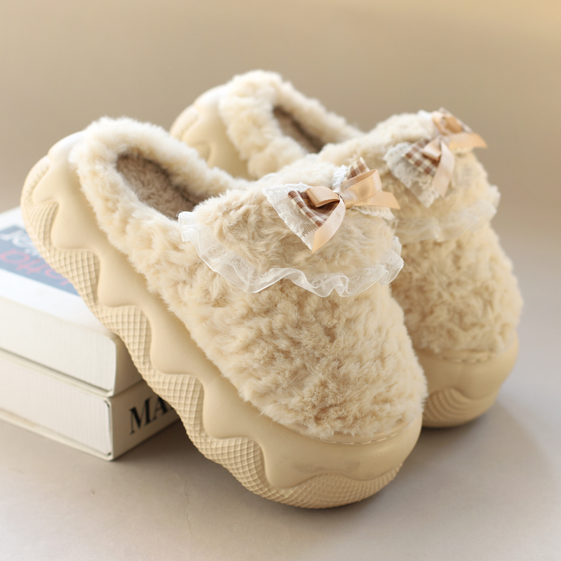外穿居家厚底棉拖鞋女秋冬季防滑松糕室内增高跟毛毛拖鞋保暖月子