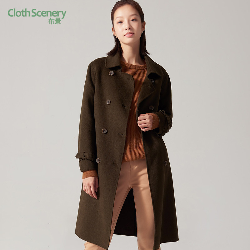 布景毛呢外套女冬季简约翻领可收腰双排扣中长款含羊毛大衣2013