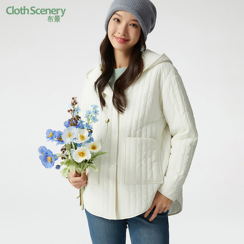 布景棉服外套女冬季新品简约条纹绗线时尚宽松连帽轻薄棉衣1102