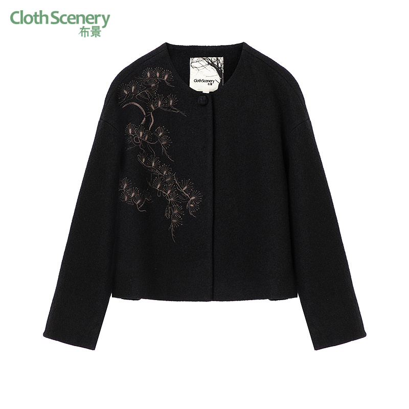 布景短款羊毛大衣女秋季新品简约文艺绣花设计圆领宽松外套1037
