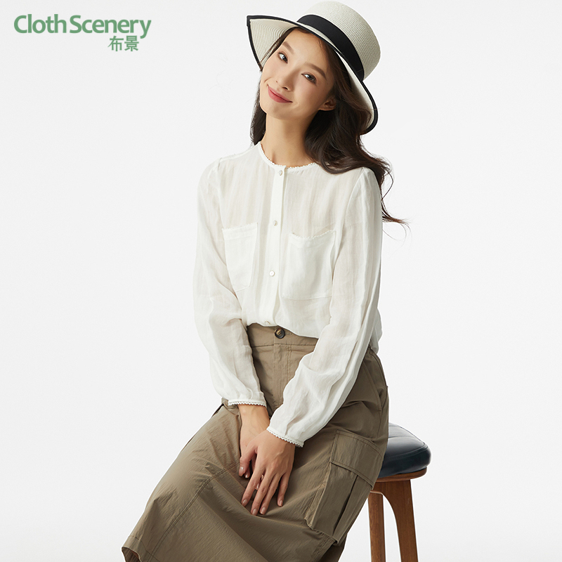 布景长袖圆领含苎麻衬衫