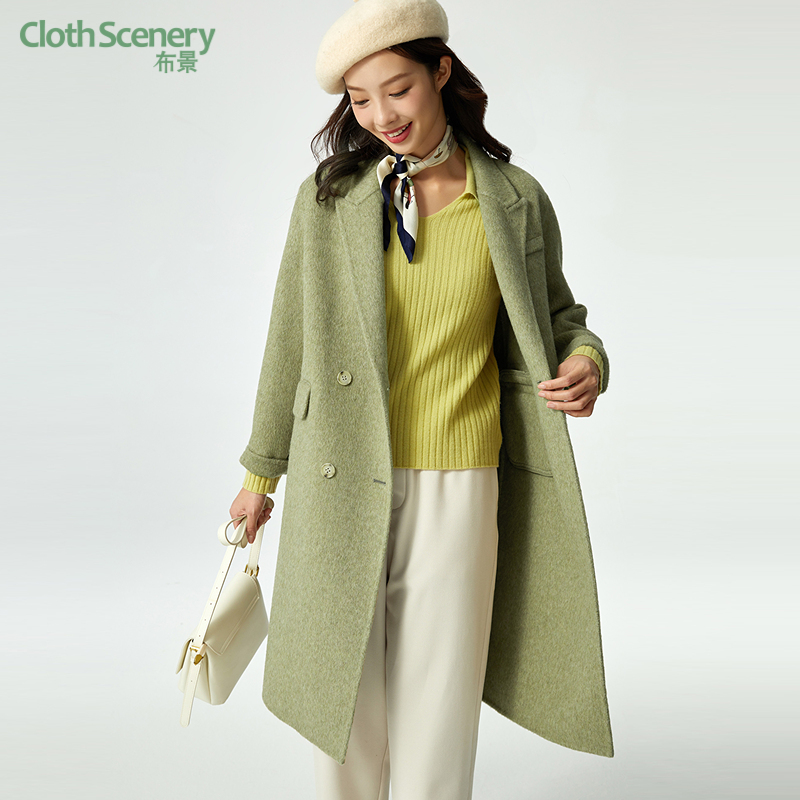 布景毛呢大衣女冬季新品简约通勤西装领含羊毛宽松中长款外套1254