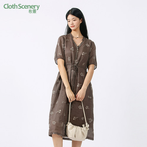 布景短袖连衣裙女夏季新品文艺绣花半开领苎麻中长裙子6515