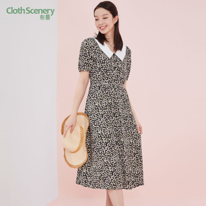 布景连衣裙女夏季新品法式气质翻领短袖收腰小碎花中长雪纺裙3014