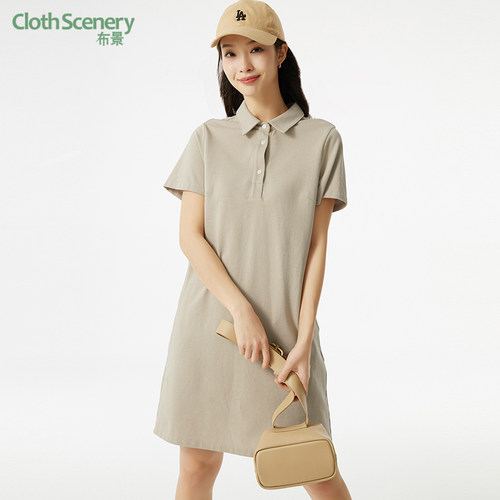 布景polo裙女夏季新品简约休闲翻领直筒宽松纯棉短袖连衣裙0460