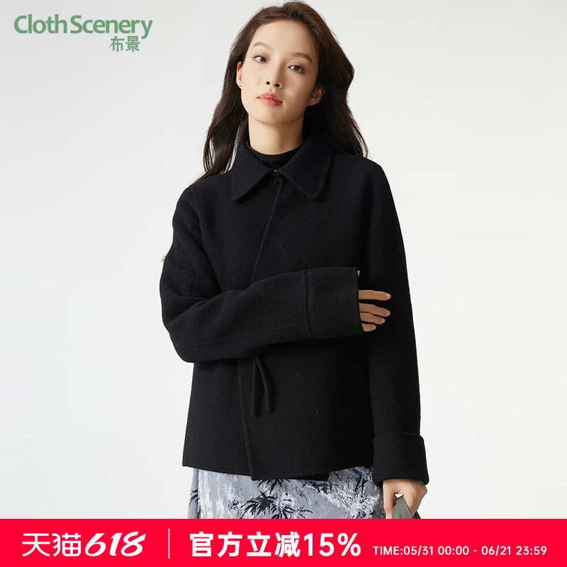 布景羊毛大衣女短款冬季新品简约文艺小众设计感翻领毛呢外套1375