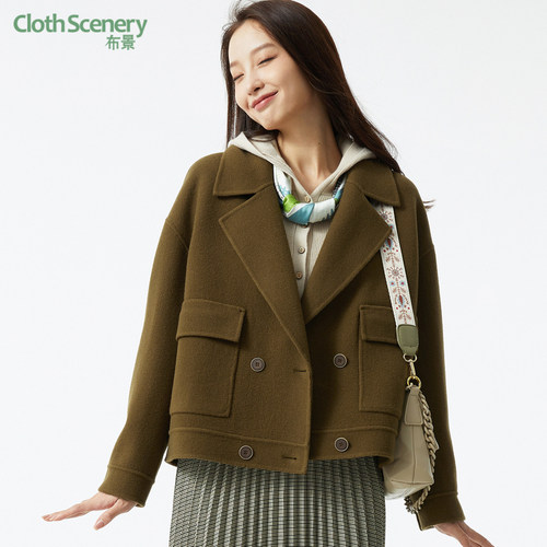 布景西装领宽松短款纯羊毛大衣