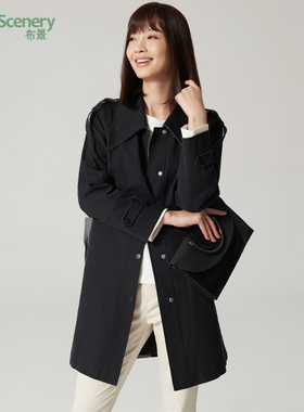 布景风衣女中长款春季通勤纯色单排扣绑带可收腰翻领气质外套0021