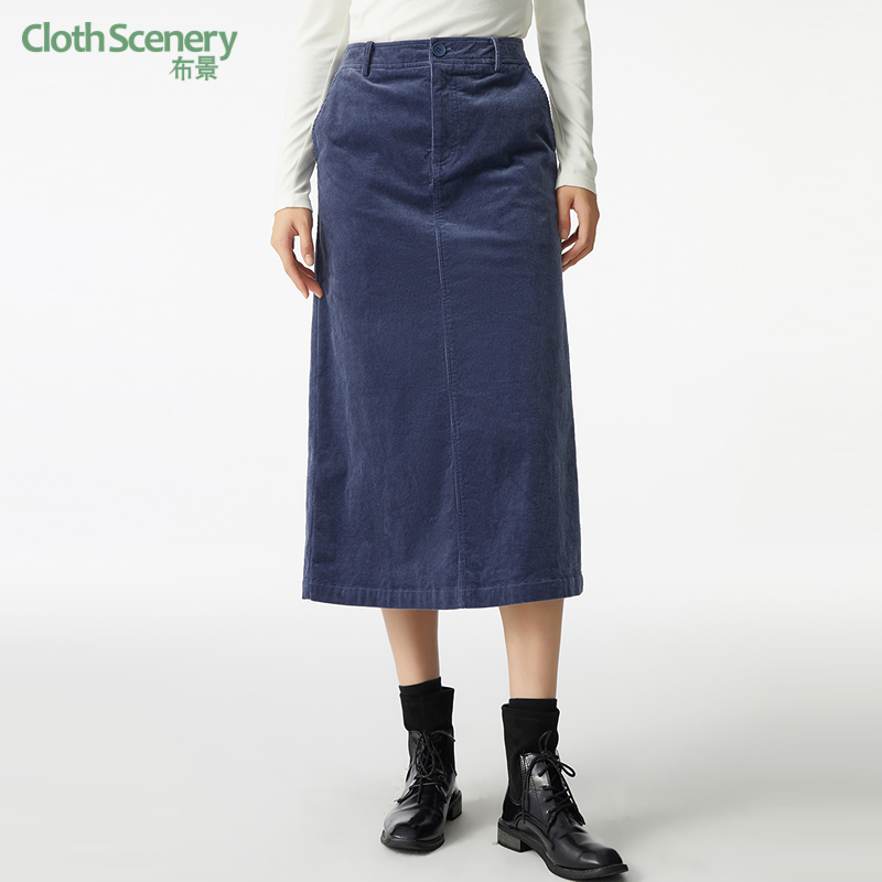 布景半身裙女厚款冬季新品简约灯芯绒高腰过膝中长款裙子1288