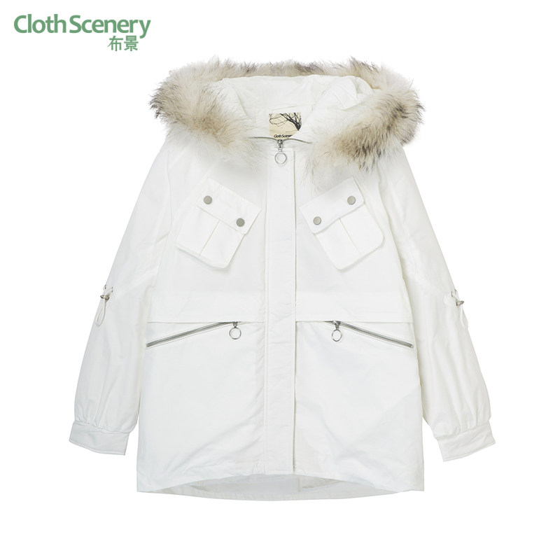 布景羽绒服女冬季新品简约连帽毛领宽松白鸭绒保暖白色外套5508
