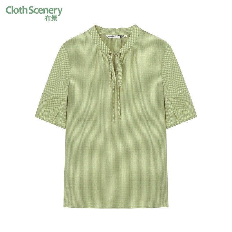 布景短袖衬衫女夏季新品简约系带领设计莱赛尔格子衬衣上衣2110