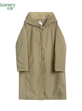 布景羽绒服女中长款2025年冬季新品简约宽松连帽白鸭绒外套6352