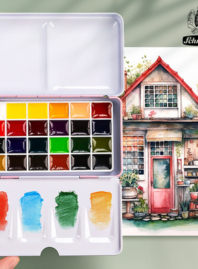 史明克固体水彩颜料分装铁盒小史学院级24色迷你便携透明大史大师级学生美术生专用水粉绘画画笔工具专业套装
