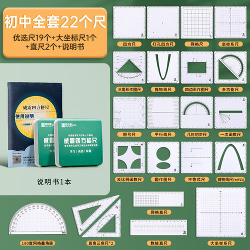 【威震四方格尺】初中数学全套打孔四方尺函数几何多功能尺子初高中考生绘图可擦坐标系抛物线动点分析解题尺