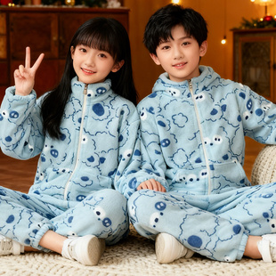 儿童睡衣男孩2025新款男女童珊瑚绒家居服女孩大童加绒法兰绒套装
