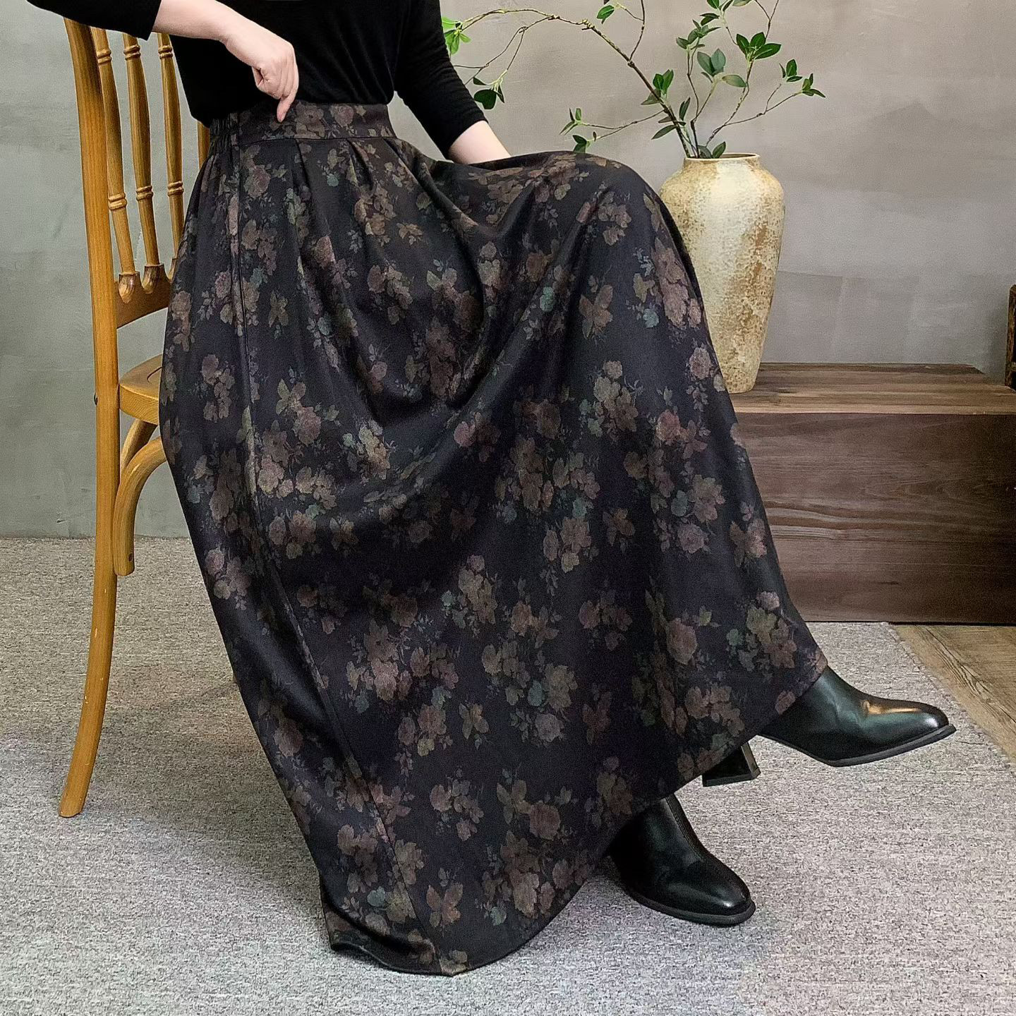 春秋冬新款厚文艺复古尼半裙松紧腰显瘦中长款休闲时尚碎花半身裙
