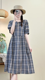 连衣裙女纯棉 2025夏季 韩系文艺甜美木耳领格子短袖 气质薄款 中长款