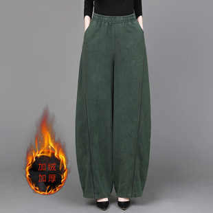 2026春新款苎麻砂洗炒色做旧裤子女式加绒加厚禅修打坐灯笼长裤
