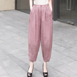 子 宽松显瘦哈伦老爹裤 文艺复古休闲纯色100支苎麻双层休闲裤 薄款