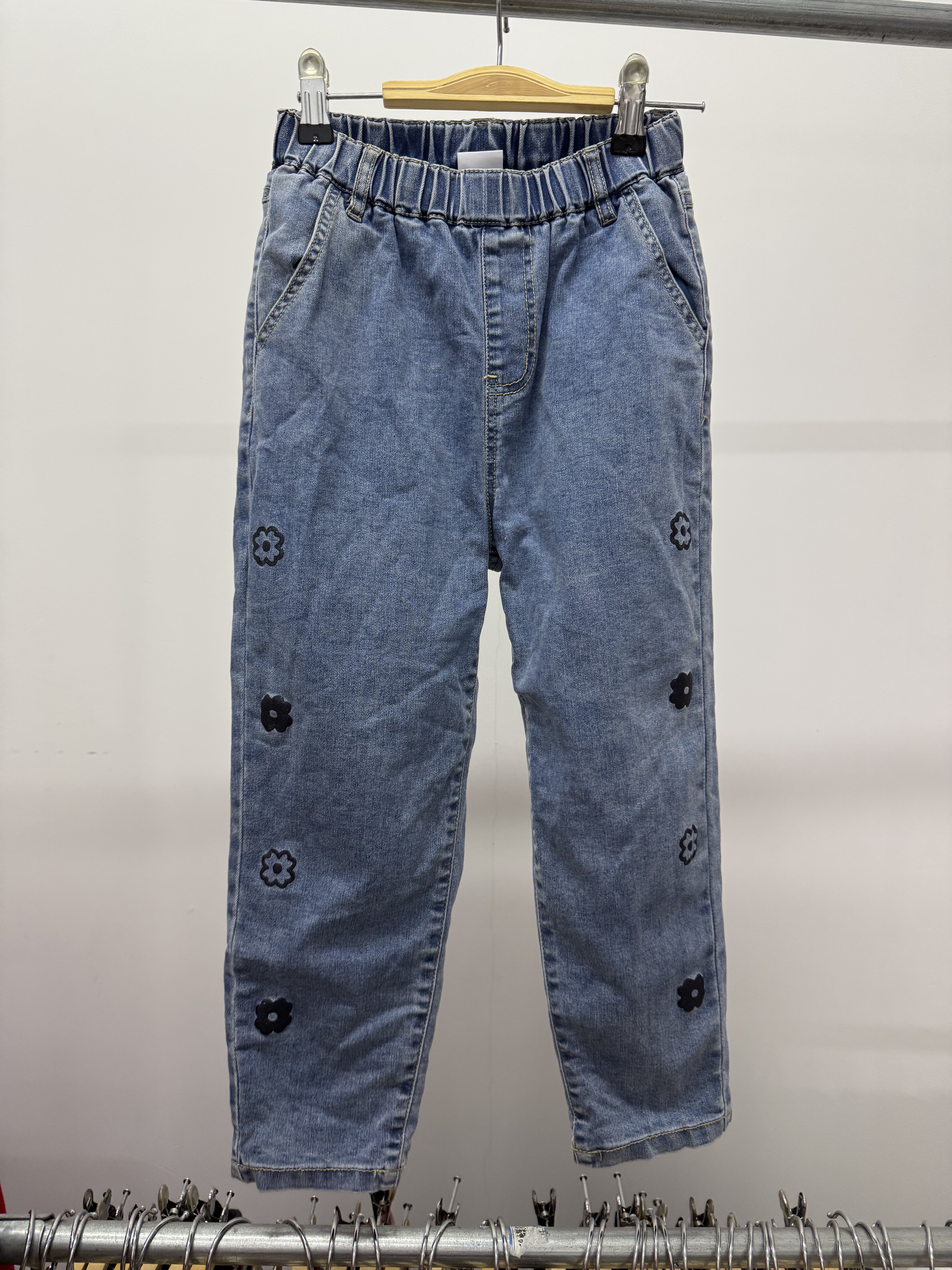 巴家花朵刺绣印花松紧腰女童牛仔裤加绒