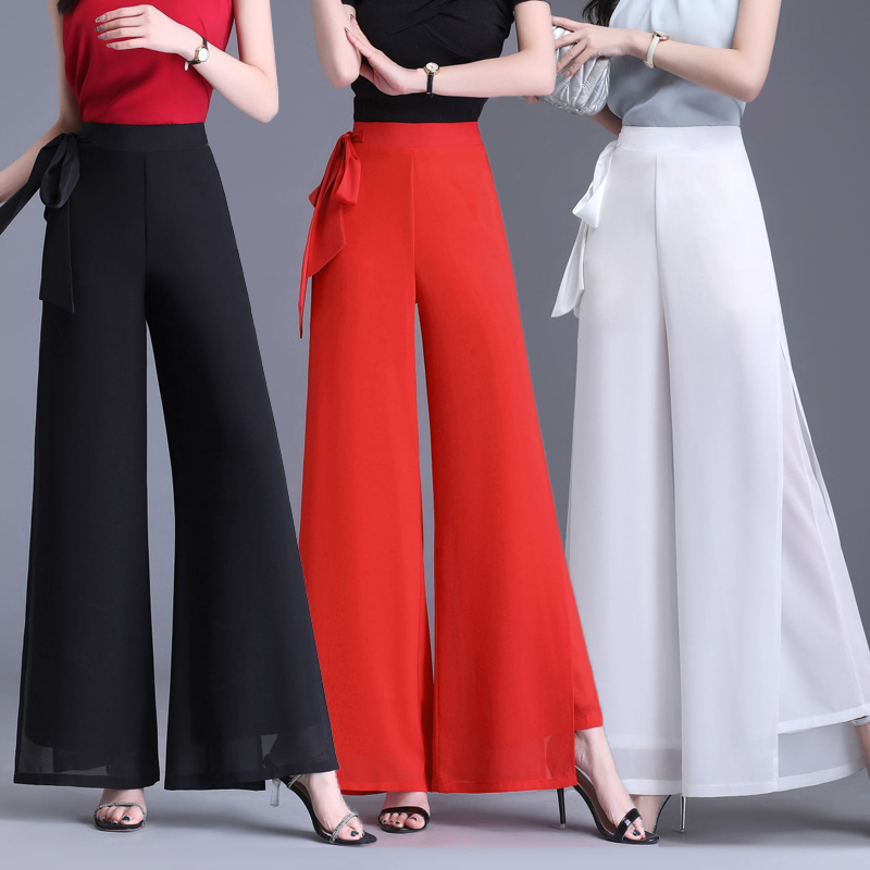 夏季新款雪纺阔腿裤女薄款双层开叉宽松直筒裤子高腰垂感走秀舞裤