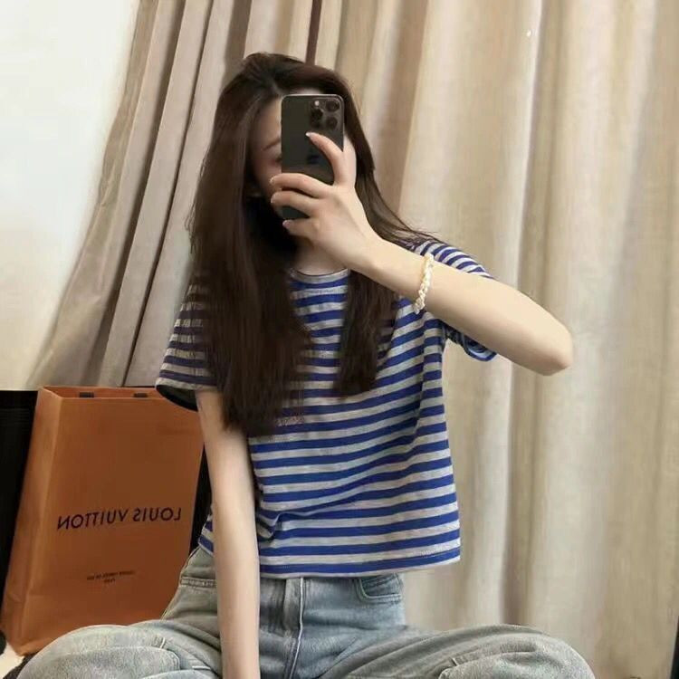 纯棉女短t恤夏天上衣短袖高腰条纹短款韩版百搭打底宽松休闲薄款