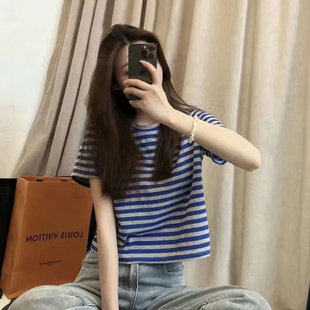 纯棉女短t恤夏天上衣短袖高腰条纹短款韩版百搭打底宽松休闲薄款