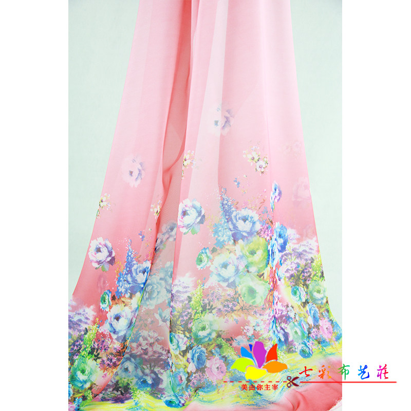 双边定位粉色底花朵渐变印花雪纺布料女装连衣裙夏季汉服装面料