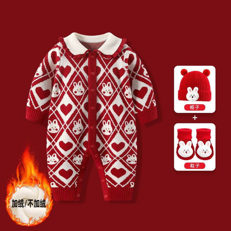 婴儿拜年服冬装女宝宝红色喜庆新年过年衣服婴幼儿连体衣周岁礼服