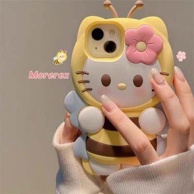 网红可爱蜜蜂HelloKitty适用苹果16手机壳卡通iphone15promax新款14女13防摔12pro小众11硅胶13全包软保护套