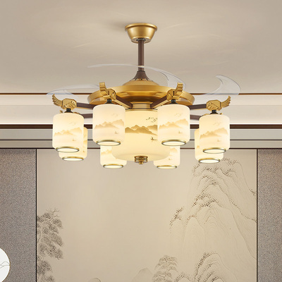 新中式吊灯客厅风扇灯吸顶餐厅吊扇灯隐形一体中山灯具2024年新款