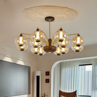 中古风客厅吊灯法式灯卧室客厅大厅主灯装饰LED中古风铜加木灯具