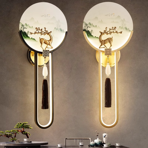 福禄新中式壁灯全铜客厅背景墙壁灯楼梯过道玄关卧室床头灯免接线