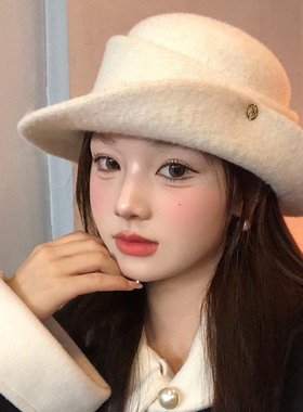 法式赫本风优雅白色礼帽女千金风大头围复古羊毛呢显脸小渔夫帽子