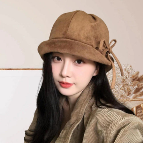 2026新款蝴蝶结麂皮绒渔夫帽秋季日系复古翻檐盆帽显脸小帽子女款